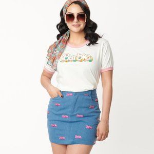 Barbie x Unique Vintage Retro Barbie Logo Denim Mini Skirt